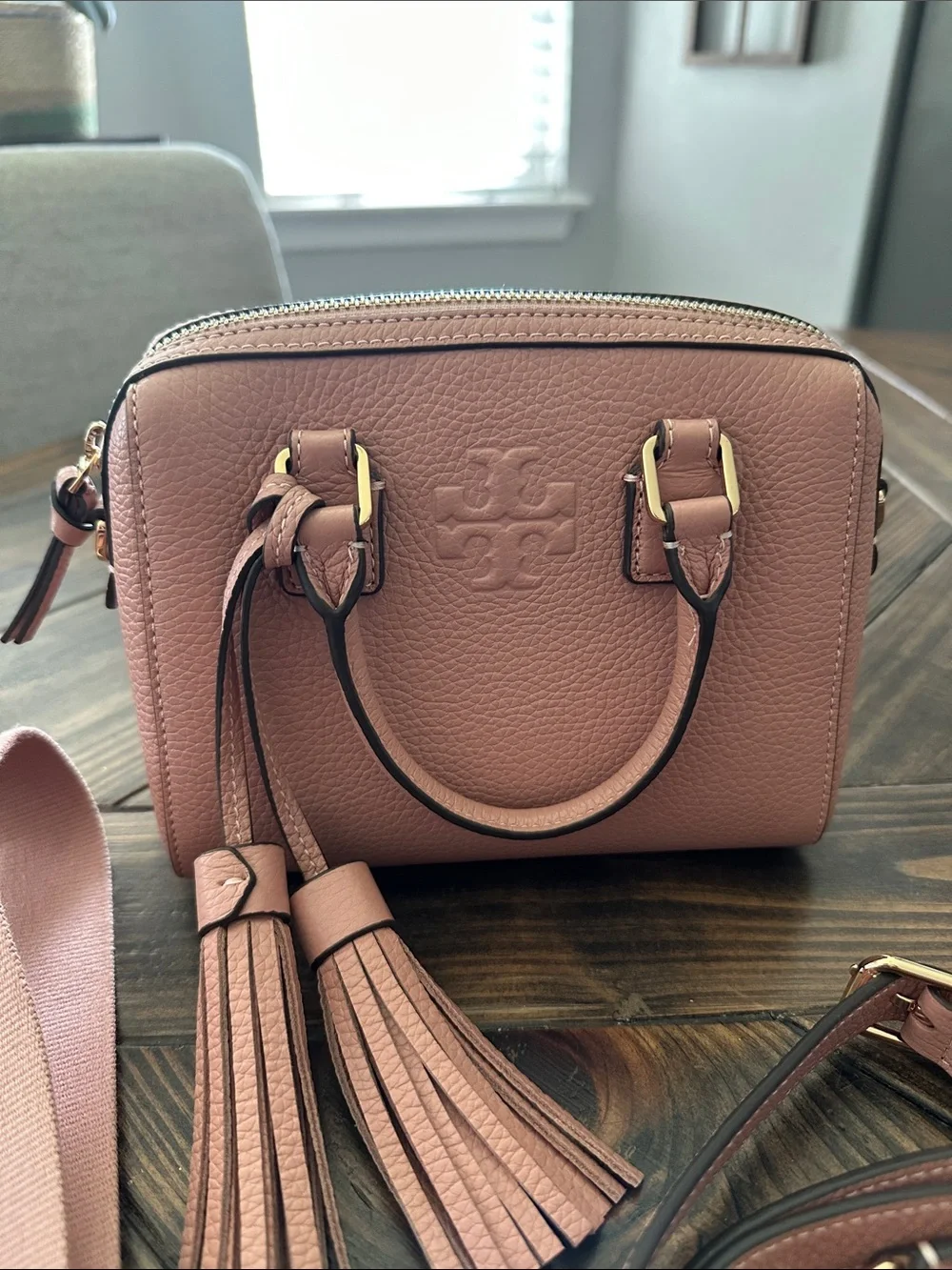 Tory Burch Dusty Pink Pebbled Leather Camera Crossbody with Tassels